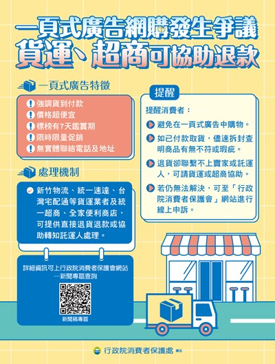 [消費者保護宣導]一頁式廣告網購發生爭議，貨運超商可協助退款
